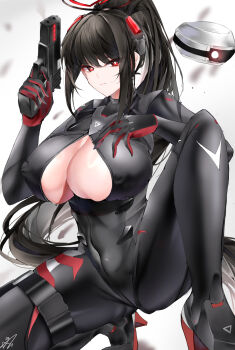 Rule 34 | 1girl, absurdres, black bodysuit, black hair, black halo, blue archive, bodysuit, breasts, bright pupils, buckle, closed mouth, commentary request, covered erect nipples, covered navel, drone, egokoro sai, gun, hair between eyes, hair ornament, halo, handgun, highres, holding, holding gun, holding weapon, holster, impossible bodysuit, impossible clothes, large breasts, latex, latex bodysuit, long hair, looking at viewer, m1911, multicolored halo, official alternate costume, official alternate hairstyle, on one knee, open bodysuit, open clothes, partially unzipped, ponytail, red eyes, ringed eyes, rio (armed) (blue archive), rio (blue archive), sidelocks, signature, simple background, skin tight, skindentation, snap-fit buckle, solo, sweat, thigh holster, two-tone halo, variant set, very long hair, weapon, white background, white pupils