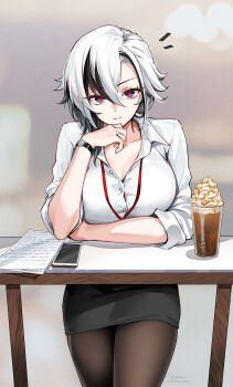 1girl ? alternate_costume arlecchino_(genshin_impact) black_eyes black_hair black_pantyhose black_skirt breasts cellphone closed_mouth collarbone collared_shirt commentary english_commentary foxyreine frappuccino genshin_impact hair_between_eyes highres id_card lanyard large_breasts looking_at_viewer multicolored_hair office_lady pantyhose paper phone red_pupils shirt skirt smartphone solo spoken_question_mark symbol-shaped_pupils textless_version two-tone_hair watch white_hair white_shirt wristwatch x-shaped_pupils