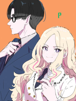 1boy 1girl adjusting_clothes adjusting_necktie black-framed_eyewear black_hair black_jacket black_necktie blonde_hair commentary_request gakuen_idolmaster glasses highres idolmaster jacket juo_sena kasasagi_(futagodori888) looking_ahead looking_at_viewer multicolored_hair necktie orange_background pink_hair producer_(idolmaster) purple_eyes simple_background smile streaked_hair two-tone_hair upper_body white_jacket