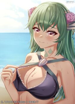 1girl absurdres bare_shoulders beach bikini bikini_tug blush breasts collarbone fin_piercing finana_ryugu fins flower green_hair hair_between_eyes hair_flower hair_ornament head_fins highres lazulight looking_at_viewer medium_breasts multicolored_eyes neck_tattoo nervous_smile nijisanji nijisanji_en ocean rayleigh_scale signature sky smile summer sweat swimsuit tattoo virtual_youtuber