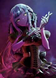 1girl adjusting_clothes adjusting_gloves ascot back_bow bang_dream! bang_dream!_it&#039;s_mygo!!!!! black_ascot black_corset black_ribbon black_skirt black_wrist_cuffs blue_background blue_brooch blue_hair bow closed_mouth collared_shirt corset cowboy_shot cross-laced_clothes cross-laced_corset earrings expressionless frilled_wrist_cuffs frills glint gloves glowing glowing_eyes gradient_background grey_gloves hair_over_eyes hands_up hashtag-only_commentary head_tilt highres himmel_(keine_haare) jewelry layered_skirt long_hair long_sidelocks looking_at_viewer no_mask oblivionis_(bang_dream!) pleated_skirt puffy_short_sleeves puffy_sleeves red_background red_shirt ribbon see-through_clothes see-through_gloves see-through_skirt shirt short_sleeves sidelocks skirt solo swept_bangs togawa_sakiko two-tone_background two_side_up wrist_cuffs yellow_eyes