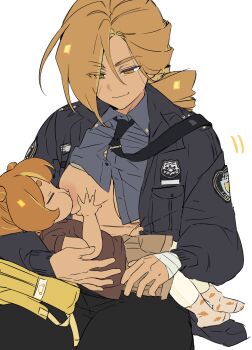 Rule 34 | 2girls, age difference, ankle socks, backpack, bag, bandaged hand, bandages, black jacket, black necktie, black pants, bra, bra lift, breastfeeding, breasts, brown eyes, brown hair, brown shirt, brown shorts, brown socks, buttons, carrying, carrying person, closed eyes, closed mouth, clothes lift, clothes pull, collared shirt, cookie run, cookie run: ovenbreak, cowboy shot, croissant cookie, croissant cookie (director of the tbd), dark-skinned female, dark skin, double bun, drill hair, drill ponytail, eyes visible through hair, facial scar, full body, grabbing another's breast, grey bra, grey shirt, groping, hair between eyes, hair bun, hair over one eye, half-closed eyes, highres, humanization, jacket, long sleeves, looking at another, low ponytail, medium breasts, mother and daughter, motherly, multiple girls, necktie, nipples, no shoes, official alternate hair length, official alternate hairstyle, ohta guk hip, open clothes, open jacket, pants, pantyhose, pocket, police, police uniform, policewoman, ponytail, puffy long sleeves, puffy sleeves, scar, scar on cheek, scar on face, shirt, shirt pull, short hair, short sleeves, shorts, simple background, sitting, smile, socks, tie clip, underwear, white background, white pantyhose, yellow bag