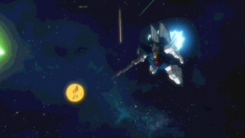 10s animated animated_gif anime_screenshot battle dijeh energy_sword flying freedom_gundam glowing gundam gundam_build_fighters holding holding_weapon huge_weapon machinery no_humans non-web_source space sword weapon