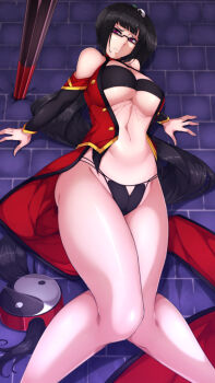 Rule 34 | 1girl, bare shoulders, black bra, black hair, blazblue, blazblue: central fiction, bo staff, bra, breasts, byakkun (byakkun8181), china dress, chinese clothes, commentary request, commission, curvy, defeat, dress, feet out of frame, floor, glasses, highres, knees, large breasts, litchi faye ling, long hair, lying, navel, ponytail, purple eyes, revealing clothes, semi-rimless eyewear, solo, thick thighs, thighs, torn clothes, underboob, underwear, very long hair, yin yang