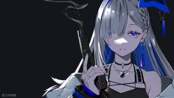 1girl amane_kanata amane_kanata_(lock_on) black_background black_choker black_jacket black_nails blue_eyes blue_hair braid choker colored_inner_hair commentary_request copyright_notice criss-cross_straps cup dog_tags earrings gradient_eyes grey_hair gun halo hand_up handgun highres holding holding_cup hololive jacket jewelry lam_(ramdayo) long_hair looking_at_viewer multicolored_eyes multicolored_hair nail_polish o-ring o-ring_choker off_shoulder official_alternate_costume official_art parted_lips purple_eyes quilted_jacket side_braid sig_p220/p226 sig_sauer simple_background single_earring smoke smoking_barrel solo star_halo tassel tassel_earrings trigger_discipline two-sided_fabric two-sided_jacket virtual_youtuber weapon