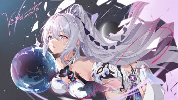 Rule 34 | 1girl, absurdres, ahoge, bare shoulders, bent over, black flower, black gloves, black hole, blue eyes, breasts, cleavage, commentary request, detached collar, dress, eyelashes, floating hair, flower, frilled sleeves, frills, gloves, gradient hair, hair between eyes, hair intakes, hair ornament, hands up, high ponytail, highres, honkai (series), honkai impact 3rd, kiana kaslana, kiana kaslana (herrscher of finality), kolimiya, large breasts, long hair, looking at viewer, multicolored hair, open mouth, parted lips, pink hair, pink pupils, ponytail, sidelocks, signature, solo, strapless, strapless dress, tiara, very long hair, white dress, white hair