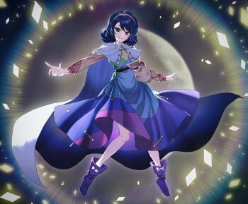 1girl blue_eyes blue_hair bow cape card cloak commentary_request dark_blue_hair dress footwear_bow from_below full_body gradient_background hairband highres looking_at_viewer looking_down md5_mismatch mo_(mokatampe) multicolored_dress multicolored_hairband patchwork_clothes pointing pouch purple_footwear rainbow_gradient red_button resolution_mismatch shine short_hair sky_print smile solo source_larger tenkyuu_chimata touhou two-sided_cape two-sided_fabric unconnected_marketeers white_bow white_cape zipper zipper_pull_tab