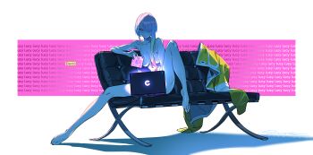 1girl absurdres barefoot blue_hair breasts cd computer convenient_censoring cyberpunk_(series) cyberpunk:_edgerunners full_body green_hair highres holding_cd jacket laptop large_breasts long_hair lucy_(cyberpunk) nude pink_hair sitting solo tizibade unworn_jacket