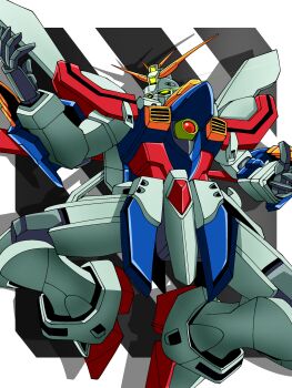 absurdres bakunetsu_god_finger commentary english_commentary g_gundam glowing glowing_eyes glowing_hand god_gundam green_eyes gundam gundrass highres hyper_mode_(gundam) mecha mecha_focus mobile_suit no_humans robot science_fiction solo super_robot v-fin