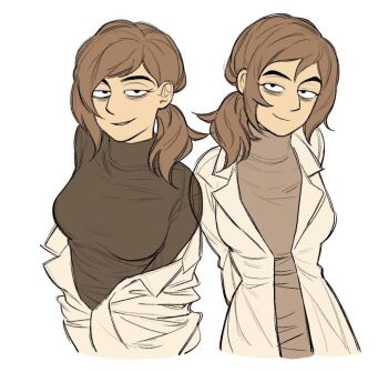 1girl bags_under_eyes black_shirt breasts brown_hair grin inside_job lab_coat lifeisassholee looking_at_viewer medium_breasts multiple_views pointy_nose reagan_ridley shirt simple_background smile white_background