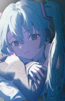 1girl absurdres aqua_eyes aqua_hair aqua_nails aqua_trim black_sleeves chinese_commentary closed_mouth commentary detached_sleeves grey_shirt hair_between_eyes hair_ornament hatsune_miku headphones headset highres long_hair long_sleeves shirt sleeveless sleeveless_shirt smile solo twintails very_long_hair vocaloid wide_sleeves xin1
