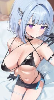 1girl absurdres bed_sheet bikini black_bikini black_choker black_gloves blue_hair blush breasts choker gloves highres itohana large_breasts miniskirt navel on_bed original purple_eyes skirt solo sweat sweatdrop swimsuit
