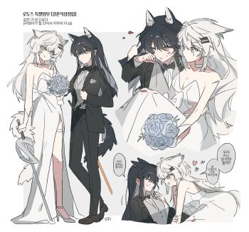 2girls animal_ears arknights black_hair black_jacket black_pants black_vs_white blood blood_on_clothes blood_on_face bouquet breasts bride carrying cleavage commentary dress female_focus flower full_body grey_vest groom hair_ornament hairclip heart highres holding holding_bouquet jacket korean_text lappland_(arknights) long_hair multiple_girls one_eye_closed open_mouth pants parallel_hairclips princess_carry scar scar_across_eye scar_on_face seri_(vyrlw) shoes strap tail texas_(arknights) thigh_strap translation_request untranslatable_commentary vest wedding_dress white_background white_dress white_hair white_shoes wife_and_wife wolf_ears wolf_girl wolf_tail yellow_eyes yuri