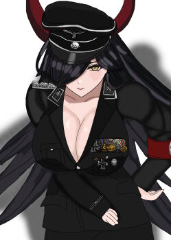 azur_lane breasts cross friedrich_der_grosse_(azur_lane) germany hand_up hat highres horns image_sample iron_cross k3bbys medal military_hat military_uniform nazi pixiv_sample waffen-ss world_war_ii