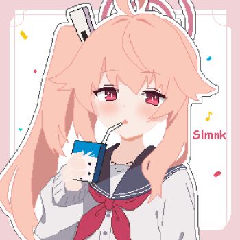 1girl absurdres ahoge black_sailor_collar blue_archive blush border choppy_bangs drink_carton drinking_straw halo hashtag-only_commentary highres holding holding_milk_carton long_hair long_sleeves looking_at_viewer milk_carton natsu_(blue_archive) open_mouth outside_border pink_border pink_eyes pink_hair pink_halo pixel_art sailor_collar shirt side_ponytail slmnk10124 solo upper_body white_background white_shirt