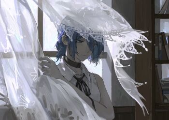 1girl absurdres bare_arms black_choker black_ribbon blue_hair book bookshelf chainsaw_man chinese_commentary choker collared_shirt commentary curtains expressionless green_eyes hair_between_eyes highres indoors limit932 long_bangs looking_down looking_to_the_side neck_ribbon reze_(chainsaw_man) ribbon see-through_curtains shirt sleeveless sleeveless_shirt solo updo upper_body wallpaper_(object) white_shirt window