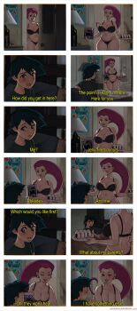 1boy 1girl ash_ketchum bed bedroom black_bra blush bra breasts chocolate_cake,_gameboy_or_me?_(meme) cleavage dreaming earrings english_text highres huge_breasts image_sample jessie_(pokemon) jewelry lips lipstick looking_at_another makeup marmalade_mum mature_female meme nintendo parody picket_fences plump pokemon pokemon_(anime) pokemon_(classic_anime) red_hair red_lips scene_reference shota smile subtitled thick_thighs thighs thong twitter_sample underwear wide_hips