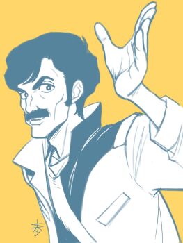 1boy aeug aobito_sukoyaka_bystander black_hair commentary facial_hair ghost greyscale_with_colored_background gundam highres jacket looking_at_viewer mustache roberto_(gundam) shioya_kouzou short_hair signature solo spoilers thick_eyebrows thick_mustache upper_body voice_actor_connection yellow_background zeta_gundam