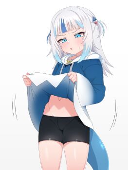 1girl :o absurdres bike_shorts black_shorts blue_eyes blue_hair blue_hoodie blush clothes_lift fins fish_tail gawr_gura gawr_gura_(1st_costume) hair_ornament highres hololive hololive_english hood hood_down hoodie hoodie_lift lifting_own_clothes loli long_hair long_sleeves mingkozus multicolored_hair navel open_mouth shark_girl shark_hair_ornament shark_tail sharp_teeth shorts simple_background solo stomach streaked_hair tail teeth two_side_up virtual_youtuber white_background white_hair wide_sleeves