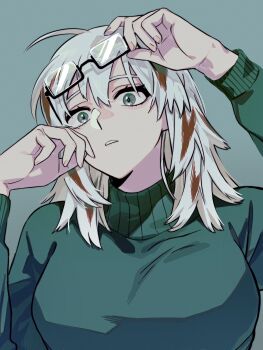 1girl blue_background blue_eyes blue_sweater boku_no_hero_academia hair_between_eyes highres long_sleeves looking_at_viewer medium_hair multicolored_hair parted_lips qhsrp_moy red_hair removing_eyewear solo sweater tears todoroki_fuyumi turtleneck turtleneck_sweater two-tone_hair upper_body white_hair