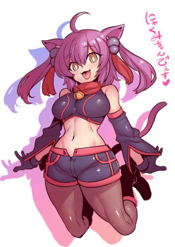 1girl ahoge animal_ears bare_legs bare_shoulders bell breasts cat_ears cat_tail collar commentary_request detached_sleeves female_focus gloves highres jumping kmtopia looking_at_viewer medium_breasts midriff navel neck_bell nyakumi open_clothes open_mouth open_shorts purple_hair scarf shadow shiny_skin shoes shorts simple_background solo tail tongue translated tukiwani twintails virtual_youtuber white_background yellow_eyes