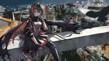 1girl absurdres antenna_hair arknights bird black_gloves black_jacket black_pantyhose black_scarf black_skirt breasts building city city_lights commentary controller crow demon_girl demon_horns demon_tail detonator feet_out_of_frame finger_to_mouth fingerless_gloves gloves grey_hair grey_shirt hair_between_eyes hand_up highres holding holding_detonator holding_remote_control horns jacket keyring large_breasts looking_at_viewer nail_polish night open_clothes open_jacket outdoors pantyhose red_eyes red_horns red_nails red_skirt remote_control scarf shirt short_hair sidelocks sitting skirt sleeves_pushed_up smile solo tail takiren two-sided_fabric two-sided_skirt w_(arknights)