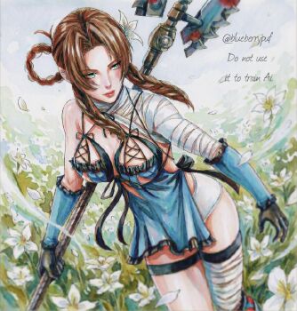 Rule 34 | 1girl, aerith gainsborough, aerith gainsborough (garb of the possessed), bandaged arm, bandaged leg, bandaged neck, bandages, black gloves, blue negligee, blue sleeves, braid, braided hair rings, breasts, cleavage, closed mouth, commentary, cosplay, cowboy shot, english commentary, falling petals, field, final fantasy, final fantasy vii, final fantasy vii: ever crisis, flower, flower field, gloves, green eyes, hair flower, hair ornament, hair rings, highres, holding, holding staff, kaine (nier), kaine (nier) (cosplay), lifestream, lingerie, meadow, medium breasts, monsterbf1ilove, negligee, official alternate costume, panties, parted bangs, petals, sidelocks, single bare shoulder, solo, staff, thigh strap, twintails, underboob, underwear, white flower, white panties, white petals