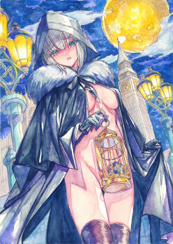 1girl black_thighhighs blue_eyes breasts chikinan_tarou cloak clock clock_tower cowboy_shot elizabeth_tower embarrassed fate/grand_order fate_(series) full_moon fur-trimmed_cloak fur_trim gray_(fate) grey_hair highres holding holding_lantern hood hood_up lamppost lantern medium_breasts medium_hair moon naked_cloak no_bra no_panties open_mouth painting_(medium) thighhighs tower traditional_media watercolor_(medium)