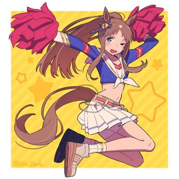 Rule 34 | 1girl, animal ears, armband, asymmetrical footwear, blue eyes, blue jacket, blue shirt, blush, bow, breasts, brown hair, cheerleader, cropped jacket, cropped shirt, ear bow, ear ornament, ear ribbon, grass wonder (stone-piercing blue) (umamusume), grass wonder (umamusume), highres, holding, holding pom poms, horse ears, horse girl, horse tail, jacket, long hair, long sleeves, looking at viewer, midriff, mismatched footwear, multicolored hair, navel, one eye closed, open mouth, pom pom (cheerleading), pom poms, ponytail, red armband, sailor collar, shirt, shoes, skirt, smile, socks, solo, tail, teddy (takarada), tied shirt, umamusume, white hair, white sailor collar, white shirt, white skirt, white socks