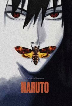 1boy bug character_name covered_mouth film_grain hngbo652804 insect male_focus moth naruto_(series) naruto_shippuuden parody poster_parody red_eyes sharingan solo the_silence_of_the_lambs uchiha_sasuke