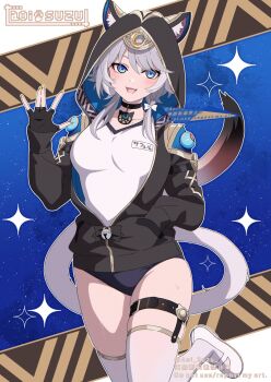 1girl animal_ear_fluff animal_ears animal_hood aoi_suzu bell blue_eyes blush bow braid breasts cat_ears cat_girl cat_hood cat_tail choker cipher_(honkai:_star_rail) commentary duplicate fang fingerless_gloves gloves grey_hair highres honkai:_star_rail honkai_(series) hood hoodie medium_breasts mole open_clothes shirt shoes shorts skin_fang sparkle tail thigh_strap thighhighs thighs twitter_username watermark white_streaks
