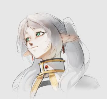 1girl absurdres aegyo_sal capelet double-parted_bangs earrings frieren green_eyes high_ponytail highres jewelry logicsterrr long_hair meme pointy_ears ponytail portrait smile solo sousou_no_frieren tassel tassel_earrings upward_angle_frieren_drawing_(meme) white_capelet white_hair