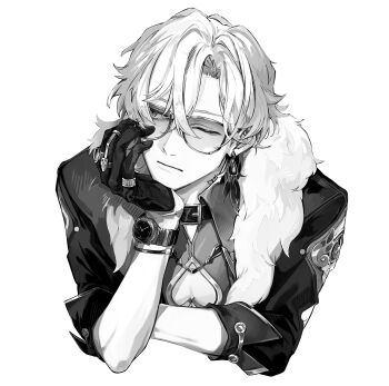 Rule 34 | 1boy, absurdres, aventurine (honkai: star rail), belt collar, bracelet, cleavage cutout, closed mouth, clothing cutout, collar, cropped torso, eyes visible through eyewear, gloves, highres, honkai: star rail, honkai (series), jewelry, looking to the side, male focus, nanimononimo, parted hair, short hair, sideways glance, simple background, sleeve cuffs, solo, sunglasses, three-quarter sleeves, watch, white background, wristwatch