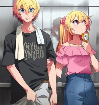 1boy 2girls animated arima_kana belt black_shirt blonde_hair blue_eyes blue_skirt brother_and_sister brown_belt closed_mouth collarbone denim denim_skirt drinking drinking_straw drinking_straw_in_mouth grey_pants gun hair_ornament hair_scrunchie hand_on_another's_arm hand_on_own_crotch highres holding holding_gun holding_weapon hoshino_aquamarine hoshino_ruby imminent_suicide juice juice_carton khyle. long_hair lynyrd_skynyrd multiple_girls nail_polish orange_juice oshi_no_ko pants pink_eyes pink_nails pink_scrunchie pink_shirt red_hair reflection scrunchie shirt shirt_partially_tucked_in short_hair short_sleeves siblings skirt star-shaped_pupils star_(symbol) sweat symbol-shaped_pupils tagme towel towel_around_neck twins two_side_up very_short_hair video weapon