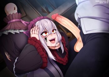 1boy 1girl :d agalmatophilia black_dress black_pants doll doll_girl doll_joints dress dress_shirt fangs frilled_dress frills grey_hair hair_between_eyes headless hetero indie_virtual_youtuber indoors joints jowol looking_at_penis maid_headdress medium_hair neocoill open_mouth orange_eyes pants penis penis_awe shiny_skin shirt smile teeth testicles torn_clothes torn_dress upper_teeth_only virtual_youtuber watermark web_address white_shirt