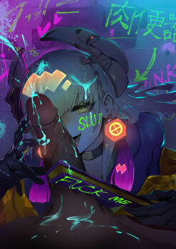 2boys absurdres black_shirt blouse body_writing choker cum cum_on_body duel_monster earrings ejaculation facial fellatio gloved_handjob gloves glowing graffiti green_eyes green_hair hand_fan handjob headband highres japanese_clothes jewelry kimono licking licking_penis mask mask_lift mask_on_head multiple_boys noh-p.u.n.k._ze_amin noh_mask oral paint_splatter penis punk ro_g_(oowack) shirt skin_tight ultraviolet_light uncensored undershirt yaoi yu-gi-oh!