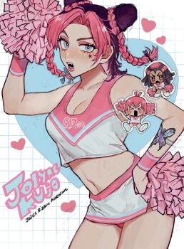 Rule 34 | 3girls, blue eyes, breasts, butterfly tattoo, character name, cheerleader, cleavage, collarbone, commentary request, copyright name, cowboy shot, crop top, double bun, ermes costello, foo fighters (jojo), hair bun, highres, jojo no kimyou na bouken, kuujou jolyne, multiple girls, neg 50asu, open mouth, panties, pom pom (cheerleading), red panties, skirt, stone ocean, tattoo, underwear, white skirt, wristband