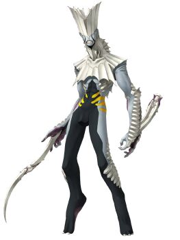 1boy arm_blade carapace claw_(weapon) claws colored_skin demon demon_(megami_tensei) demon_boy digital_devil_saga digitigrade kazuma_kaneko male_focus multicolored_skin no_eyes official_art serph sharp_teeth simple_background solo spines teeth third-party_source transparent_background varuna_(digital_devil_saga) weapon