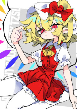 1girl blonde_hair bow commentary crystal_wings flandre_scarlet grey_background hair_between_eyes hat hat_bow highres kneeling leggings looking_at_viewer mob_cap multicolored_wings neckerchief puffy_short_sleeves puffy_sleeves red_eyes red_skirt red_vest short_hair short_sleeves side_ponytail sidelocks signature skirt skirt_set symbol-only_commentary touhou tsuru_(nekopanchi) vest white_background white_leggings wings yellow_neckerchief