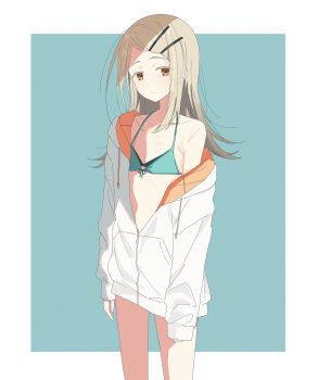 1girl absurdres aru_(purepur8) bikini blonde_hair border collarbone colored_eyelashes commentary commentary_request flat_chest flipped_hair front-tie_bikini_top front-tie_top gakuen_idolmaster green_background green_bikini hair_ornament hairclip hairpin highres idolmaster jacket jacket_partially_removed kimi_to_semi_blue_(idolmaster) long_hair looking_at_viewer multiple_hairclips official_alternate_costume orange_eyes outside_border parallel_hairclips shinosawa_hiro simple_background single_bare_shoulder solo standing swimsuit thighs two-sided_fabric two-sided_jacket white_border white_jacket