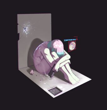1girl aqua_hair attempted_suicide barefoot black_background bullet_hole commentary completely_nude cyberpunk_(series) cyberpunk:_edgerunners despair drain_(object) drugs english_commentary finger_on_trigger gun handgun highres hugging_own_legs krekkov lucy_(cyberpunk) mirrored_text moon multicolored_hair nude pill pink_hair short_hair shower_(place) sitting smoke smoking_barrel solo spoilers track_marks two-tone_hair user_interface weapon wet
