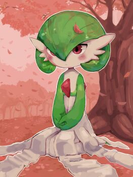 1girl :&lt; blush bob_cut closed_mouth colored_skin female_focus flat_chest full_body gardevoir gen_3_pokemon grass green_hair green_skin hair_between_eyes highres kneeling leaf leaf_on_head looking_afar multicolored_skin nintendo on_ground outline own_hands_together pokemon pokemon_(creature) red_background red_eyes rr_(user_hcrd3433) seiza short_hair sitting solo tree two-tone_skin under_tree white_outline white_skin