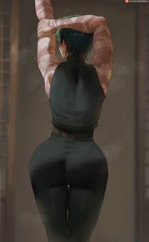 1girl arm_behind_head arm_up ass bare_shoulders black_pants black_shirt blurry blurry_background commentary cowboy_shot from_behind glasses high-waist_pants highres jujutsu_kaisen multiple_scars muscular oroborus pants round_eyewear scar scar_on_arm shirt solo stretching sweat zen'in_maki