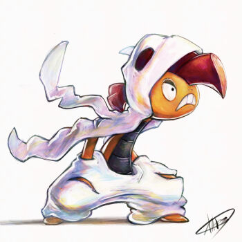 Rule 34 | black eyes, commentary request, full body, gen 5 pokemon, grimace, hands in pockets, kaosu (kaosu0905), mega pokemon, mega scrafty, nintendo, no humans, pokemon, pokemon (creature), scrafty, signature, simple background, solo, standing, white background