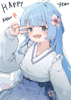 Rule 34 | 1girl, absurdres, arahashi tabi, blue eyes, blue hair, blue ribbon, blush, commentary request, flower, flower ornament, hair flower, hair ornament, hanbok, highres, hime cut, korean clothes, korean commentary, long hair, looking at viewer, mangotonic, open mouth, ribbon, smile, stellive, v, virtual youtuber, white background