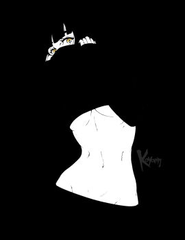 1girl artist_name black_hair breasts clothes_lift commentary english_commentary greyscale highres koyorin looking_at_viewer monochrome navel original shirt_lift sleeves_past_wrists solo spot_color stomach underboob yellow_eyes