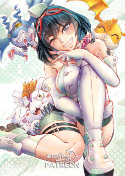 1girl bare_shoulders black_hair breasts digimon digimon_(creature) digimon_story:_time_stranger dress gensox goggles goggles_on_head gomamon green_dress group_picture large_breasts microdress one_eye_closed parted_lips patamon picodevimon red_scarf scarf short_hair sideboob single_thighhigh smile thighhighs two-tone_dress white_dress white_thighhighs yuuki_kanan