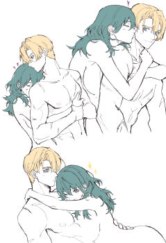 Rule 34 | 1boy, 1girl, absurdres, arm around neck, arm around waist, blonde hair, blue eyes, breasts, closed eyes, commentary request, completely nude, couple, dimitri alexandre blaiddyd, facial scar, female byleth (fire emblem), fire emblem, fire emblem: three houses, green hair, hair between eyes, happy, heart, hetero, highres, hug, hug from behind, kiss, kissing neck, large breasts, long hair, looking at viewer, multiple scars, multiple views, muscular, muscular male, nintendo, nude, one eye closed, parted bangs, rino han, scar, scar on arm, scar on cheek, scar on face, scars all over, short hair, sideboob, smile, sparkle, too many, upper body