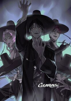 5boys abby_(kpop_demon_hunters) aqua_hair arm_up baby_(kpop_demon_hunters) black_hair black_hanbok black_hat body_markings commentary demon fangs fingernails gat_(hat) gearous hanbok hashtag-only_commentary hat highres jinu_(kpop_demon_hunters) korean_clothes kpop_demon_hunters long_fingernails looking_at_viewer male_focus multiple_boys mystery_(kpop_demon_hunters) pink_hair purple_hair romance_(kpop_demon_hunters) short_hair symbol-only_commentary