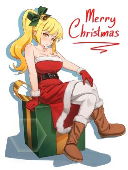 1girl absurdres bare_shoulders bell belt blonde_hair blush boots box breasts brown_boots christmas christmas_present cleavage collarbone commentary dress english_commentary english_text gift gloves green_ribbon hair_bell hair_ornament hair_ribbon hand_on_own_knee highres kiss-shot_acerola-orion_heart-under-blade large_breasts long_hair looking_at_viewer merry_christmas monogatari_(series) on_box oshino_shinobu pantyhose ponytail red_dress red_gloves ribbon ricman_rt santa_costume santa_dress santa_gloves sitting sitting_on_box smile solo strapless strapless_dress white_pantyhose yellow_eyes